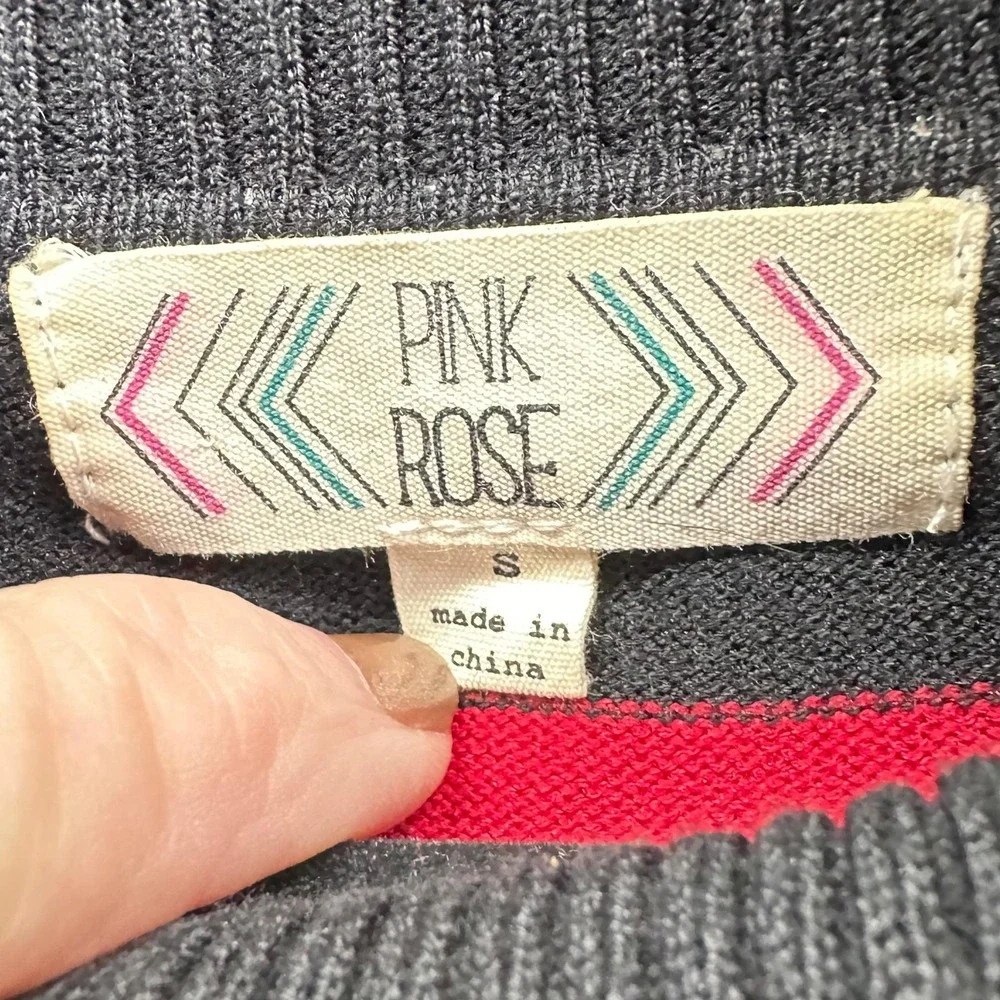 Pink‎ Rose Sweater Dress Womens S Black Red Tan Striped Cowl Neck Ruched Sleeves